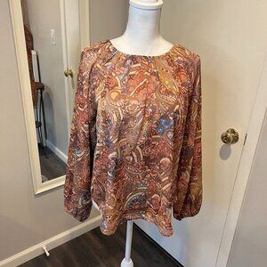 NWT Wrong Side of Right Paisley Pleated Long Sleeve Chiffon Top, Size 3 (S/M)